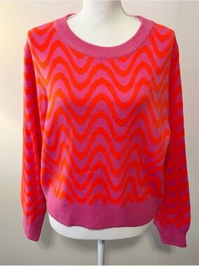 NEW! H&M Divided Wavy Stripe Cropped Crew Neck Sweater. Hot Pink/Orange. Size M